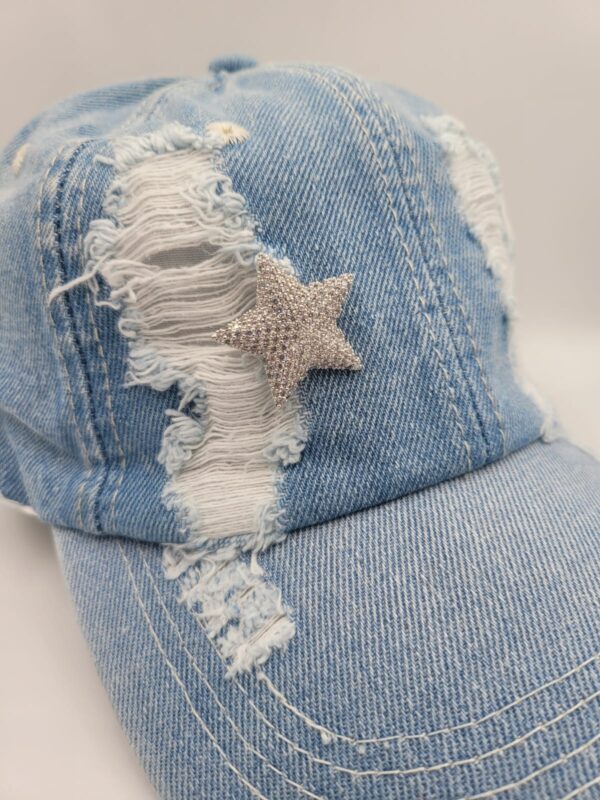 Sky Blue Distressed Denim Adjustable Cap with rhinestone star brooch - Image 2