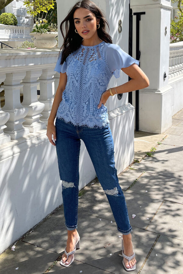 Lace Sky Blue Crew Neck Blouse - Image 4