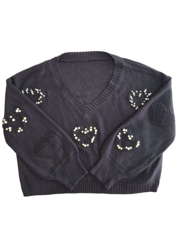 Black V-Neck Oversized Pearl Detail Sweater - Image 2